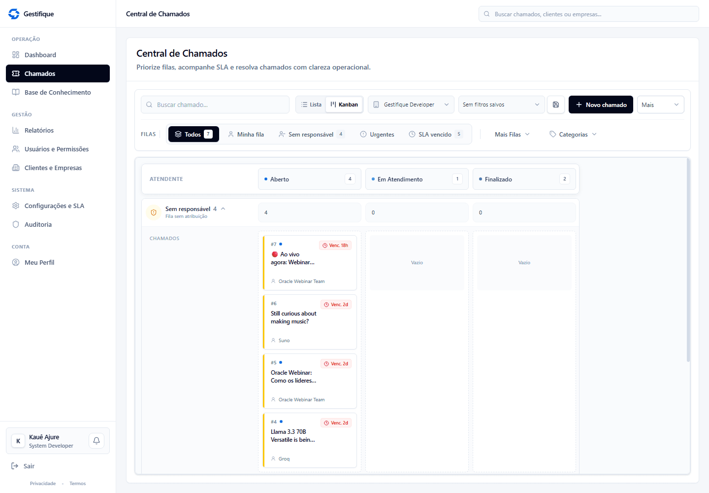 Gestifique: central de chamados em Kanban, com filas por responsável e colunas de status.