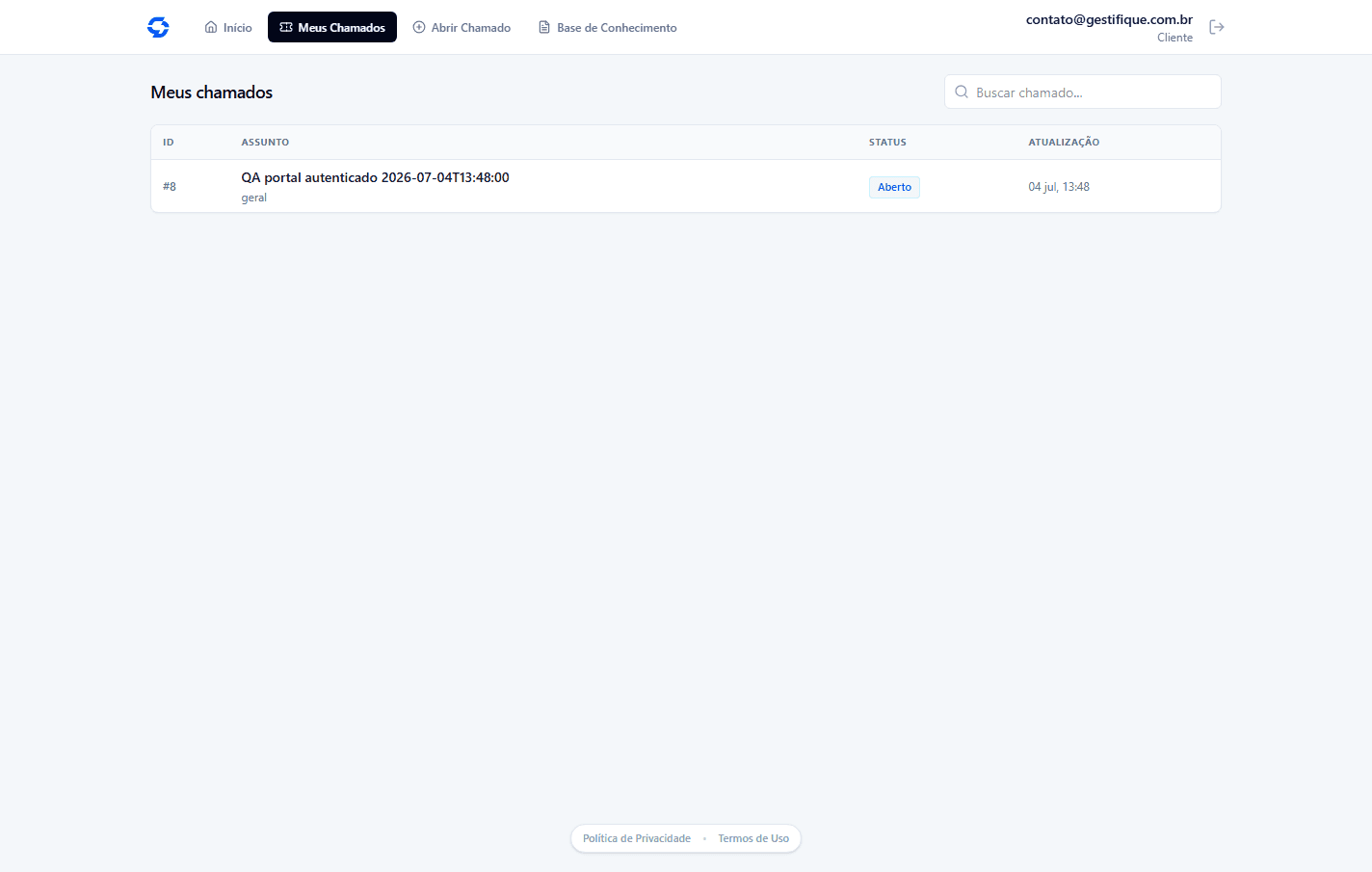 Portal do cliente do Gestifique com um chamado de QA e sua situação.